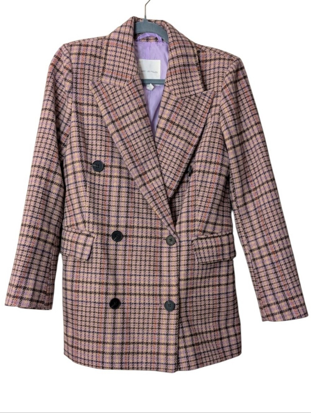 Avec Les Filles Plaid Blazer Jacket Double Breasted Pink Purple Oversized XS
